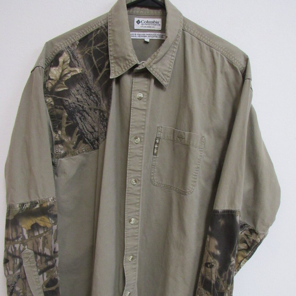 Columbia Shooting Hunting Green Long Sleeve Camo Patch‎ Shirt Large